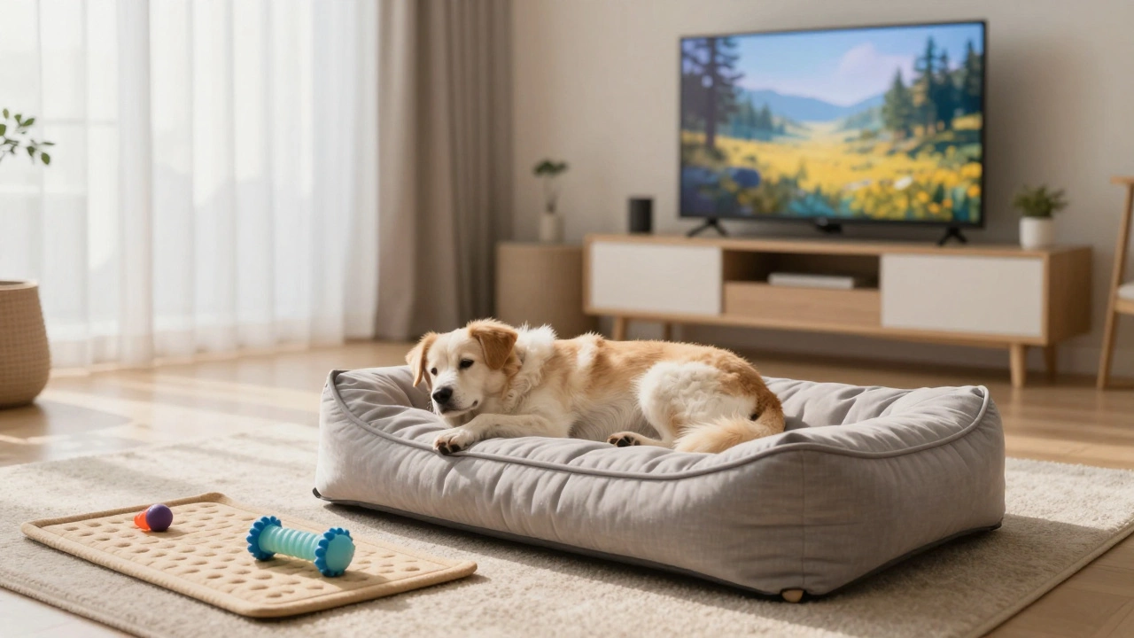 Calm dog resting area with orthopedic bed, toys, and soft TV background