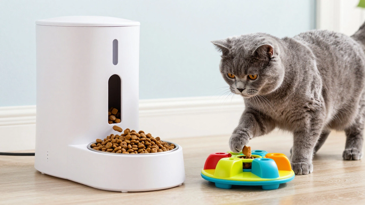 Cat playing with puzzle feeder next to automatic food dispenser