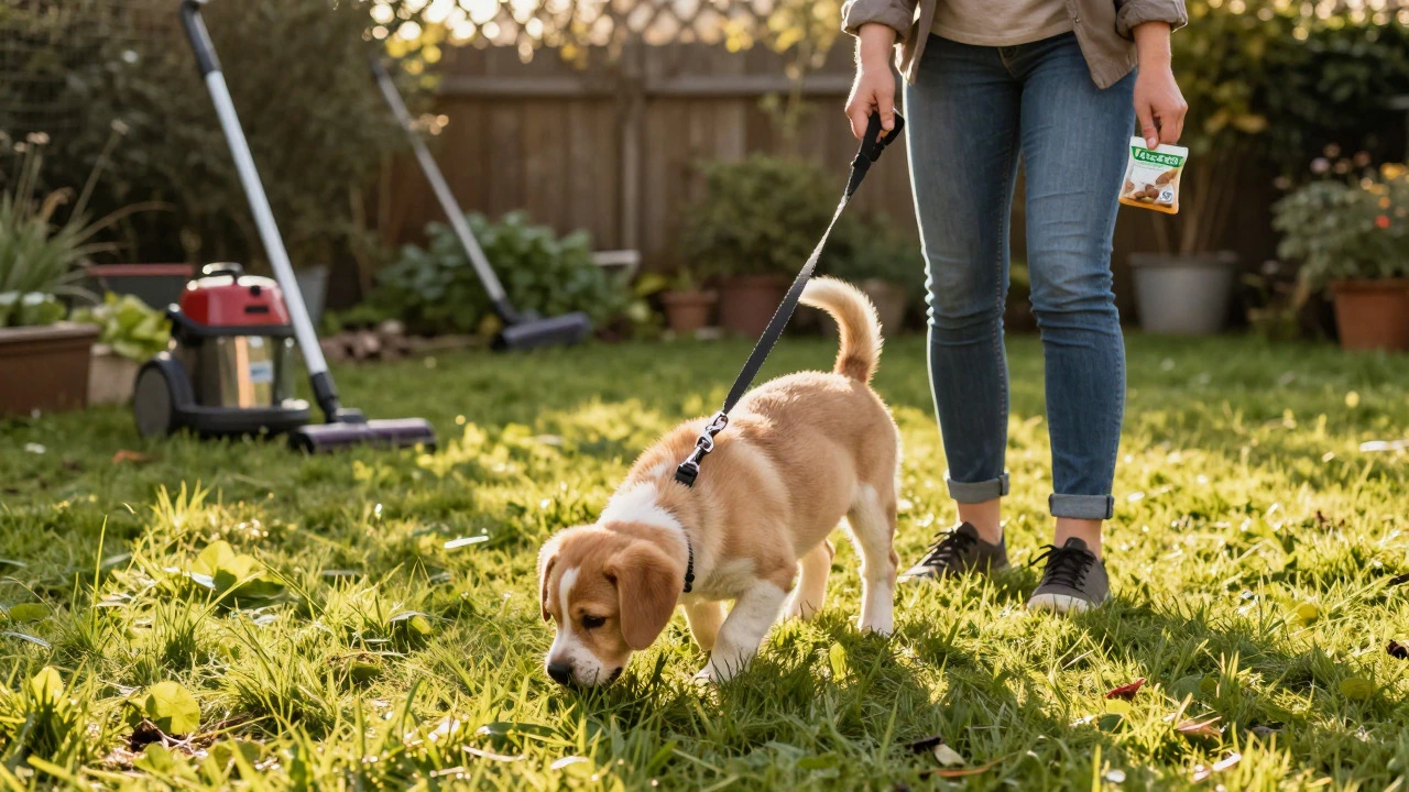 Confident puppy bonding with owner in garden during week three