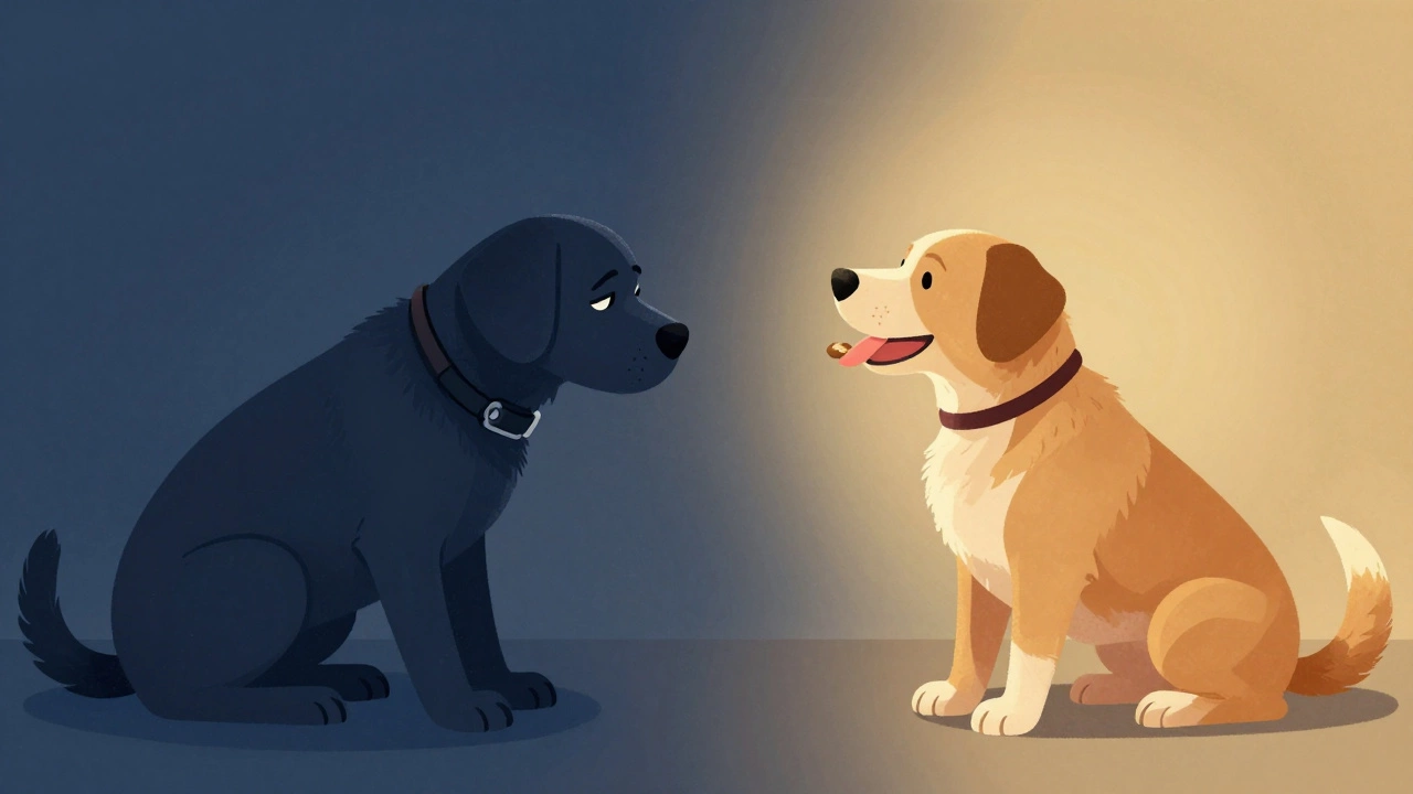 Contrast between anxious dog and happy trained dog