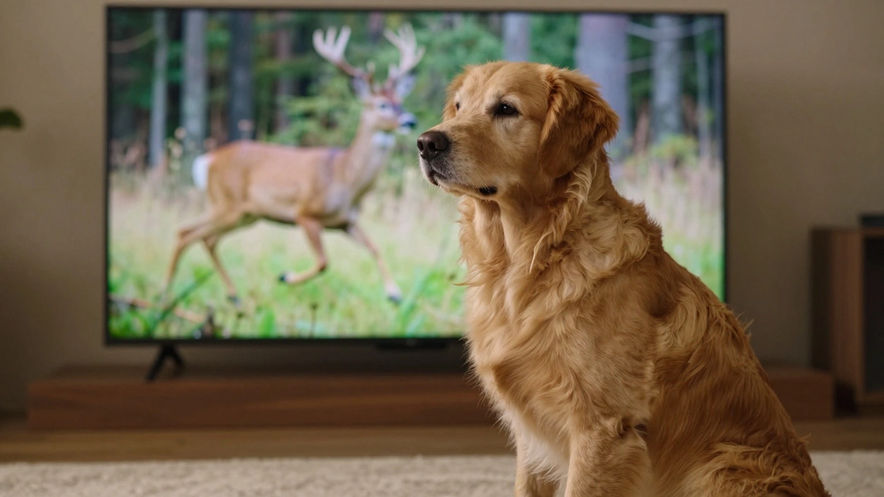 Golden Retriever watching a deer run on a TV screen with focused attention