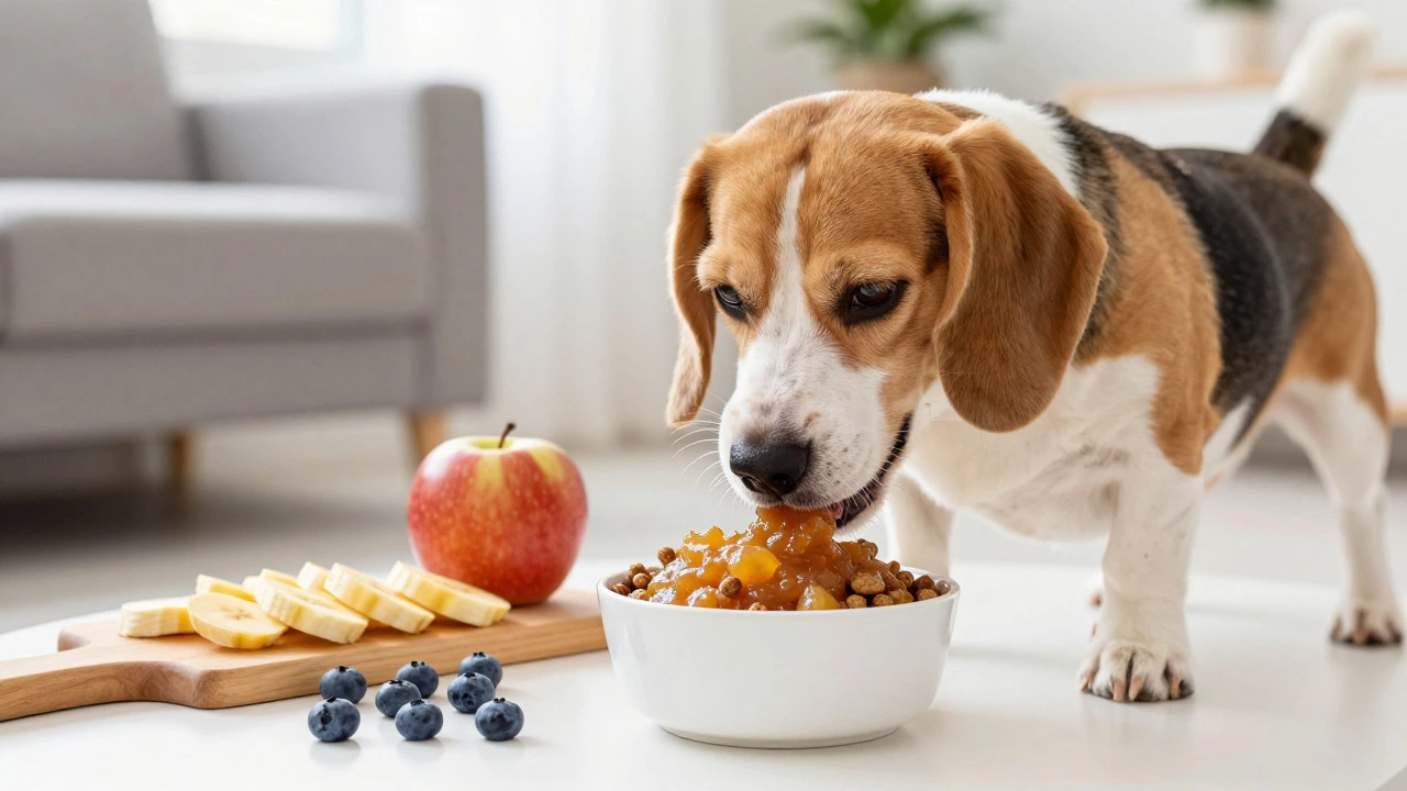 Happy beagle eating applesauce mixed with kibble and fresh fruit