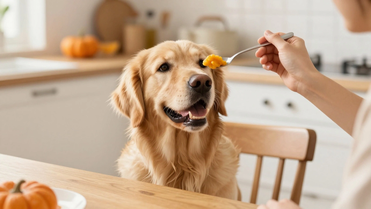Happy dog receiving a small spoonful of pumpkin puree as a treat