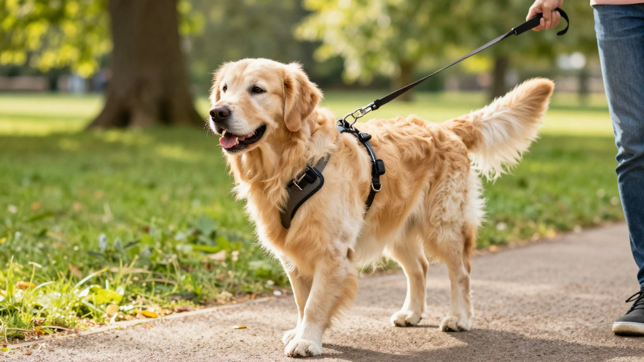 Happy dog walking calmly with a front-clip harness