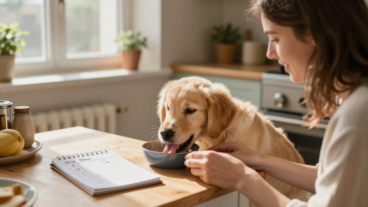 Happy puppy eating while owner monitors feeding transition