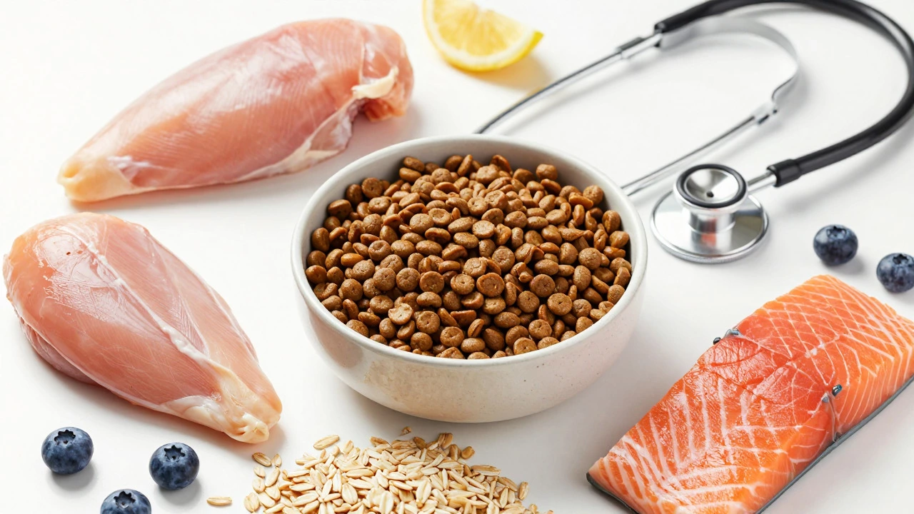 Healthy dog food ingredients and vet stethoscope on table