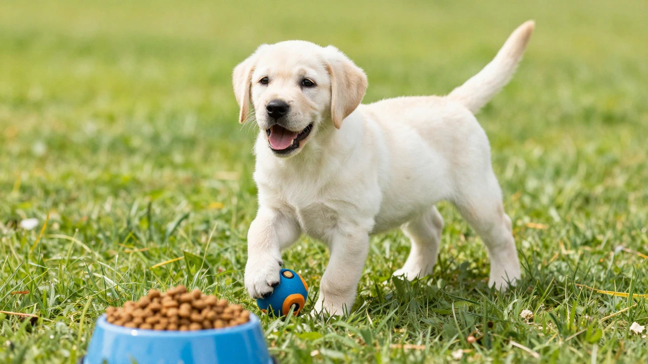 Healthy playful puppy on grass near a bowl of dog food.