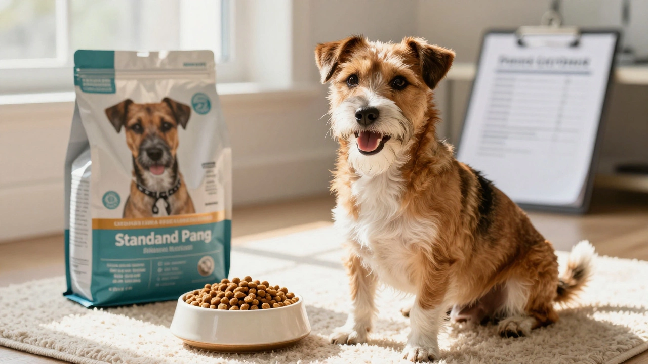 Healthy terrier eating kibble with vet chart in background