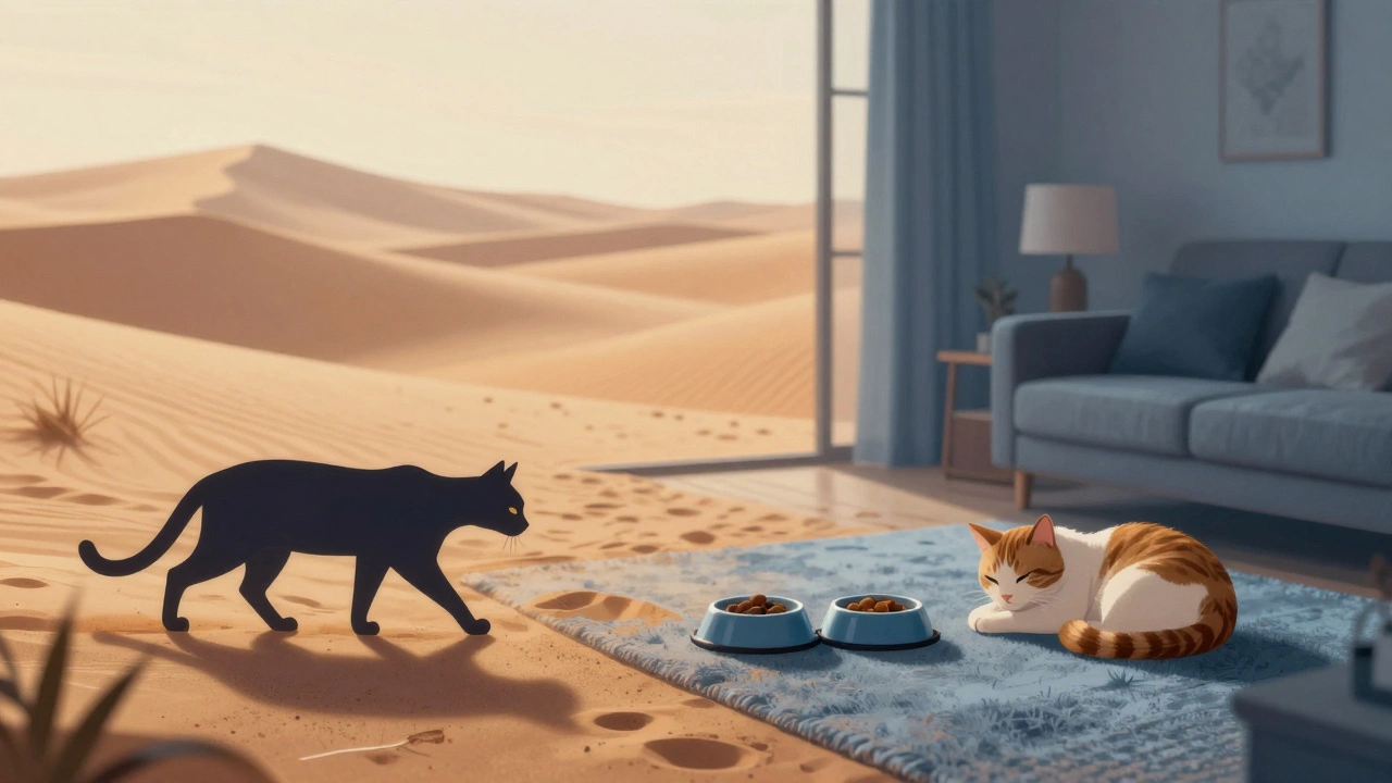 Illustration blending wild desert hunting instincts with domestic cat life
