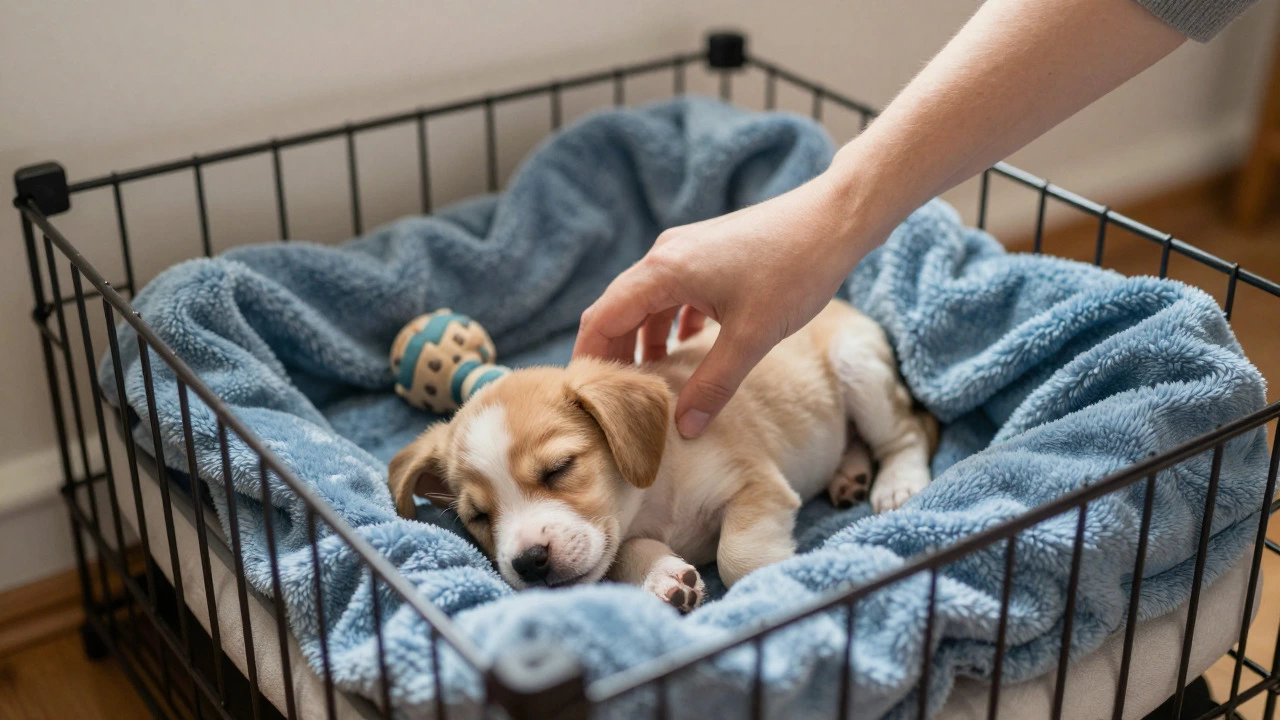 Owner gently lifting a sleepy puppy from a cozy, well-lined crate.