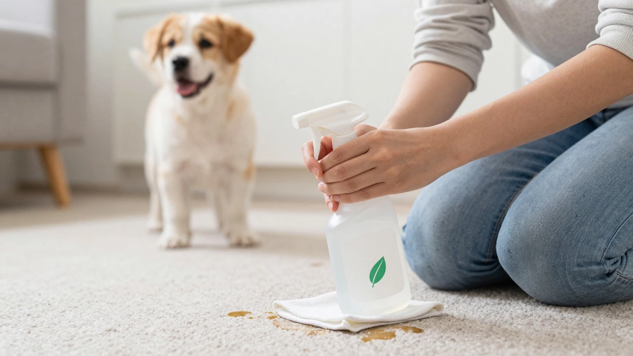 Person calmly cleaning a spot on the carpet with enzymatic cleaner while puppy watches.