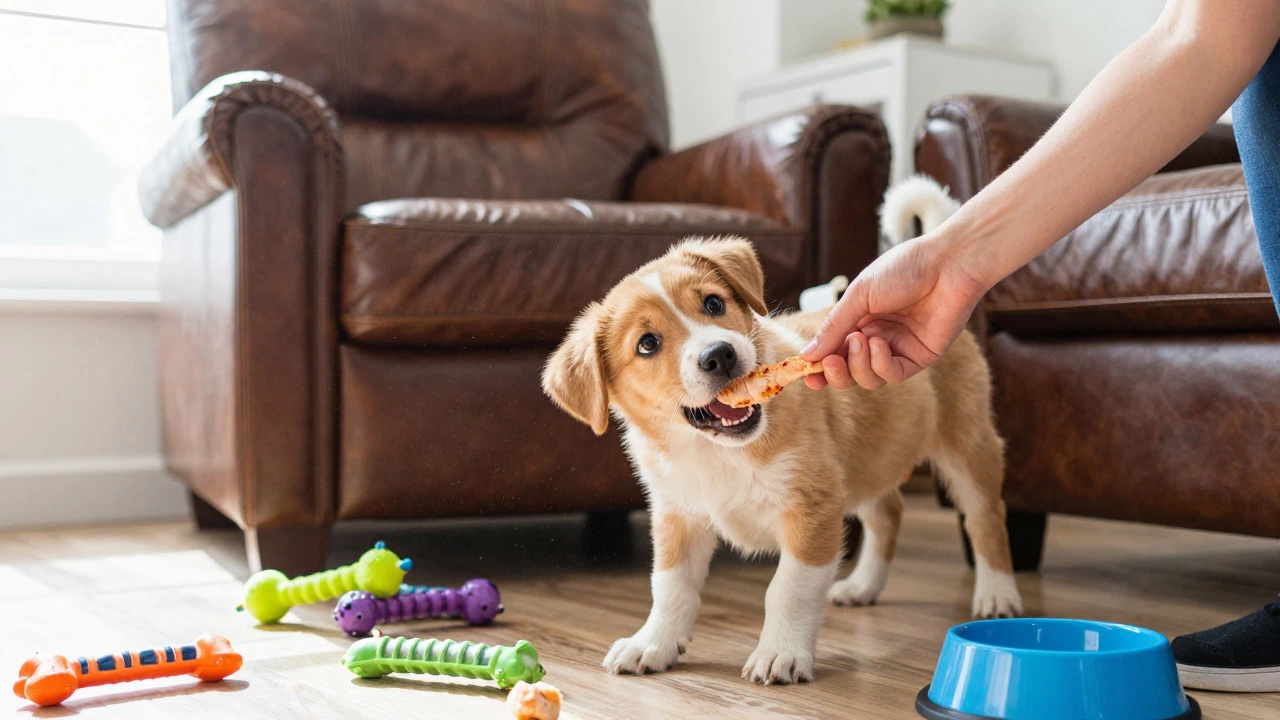 Puppy chewing furniture redirected with treats in week two