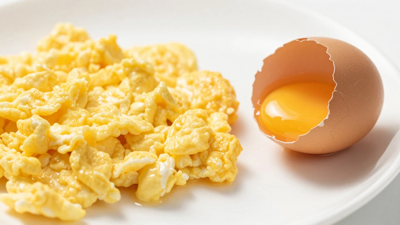 Raw egg beside a plate of cooked scrambled eggs for dogs