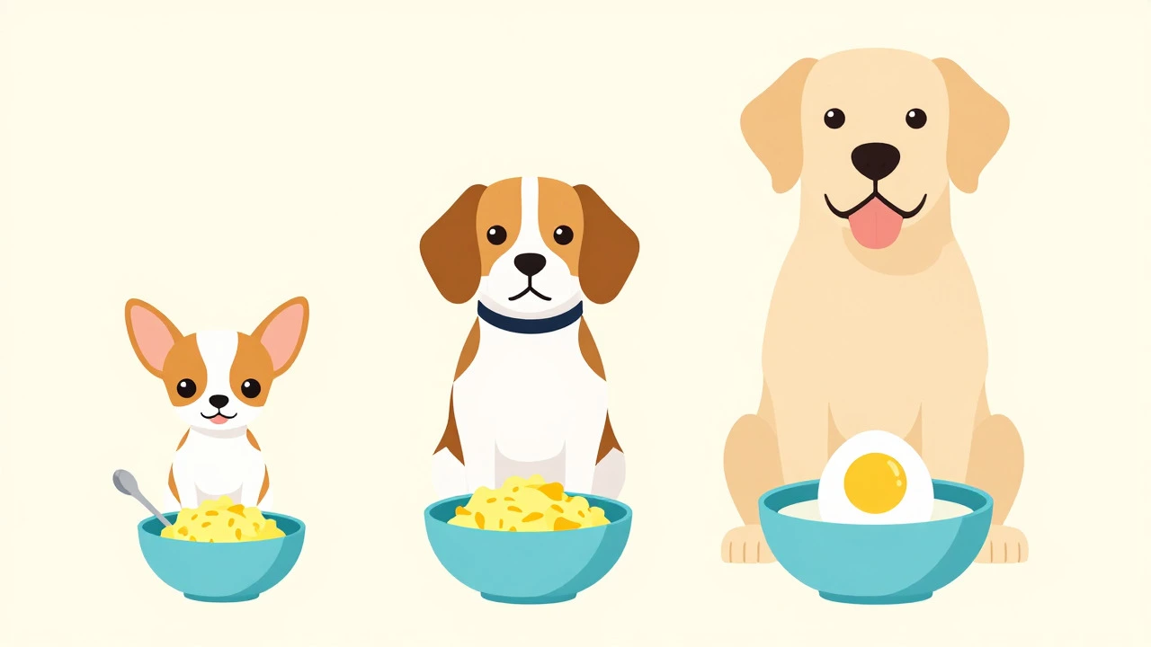 Small, medium, and large dogs with proportional egg portions