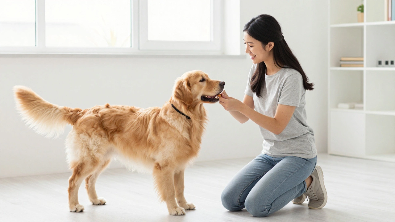 Trainer rewarding dog with treats for positive behavior