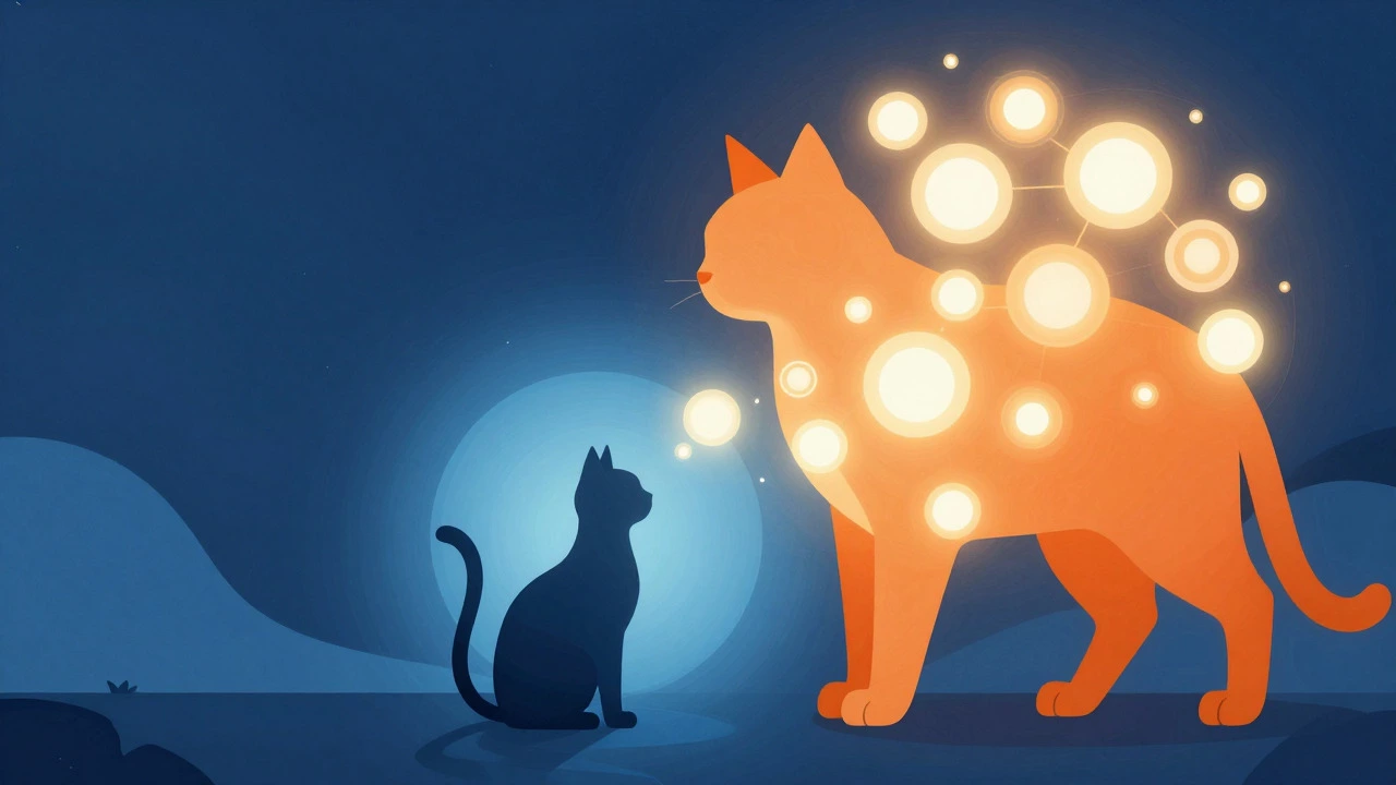 Abstract illustration showing cat silhouettes with varying levels of energy orbs