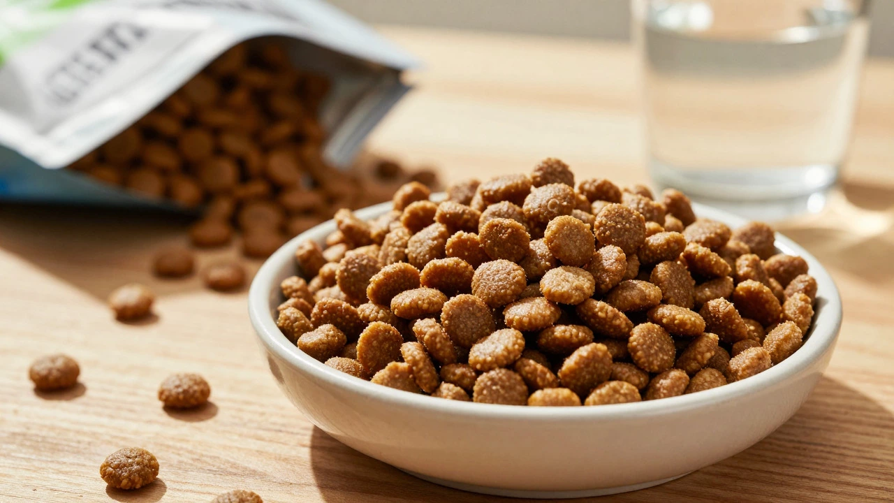 Close-up of fresh dog kibble in a ceramic bowl