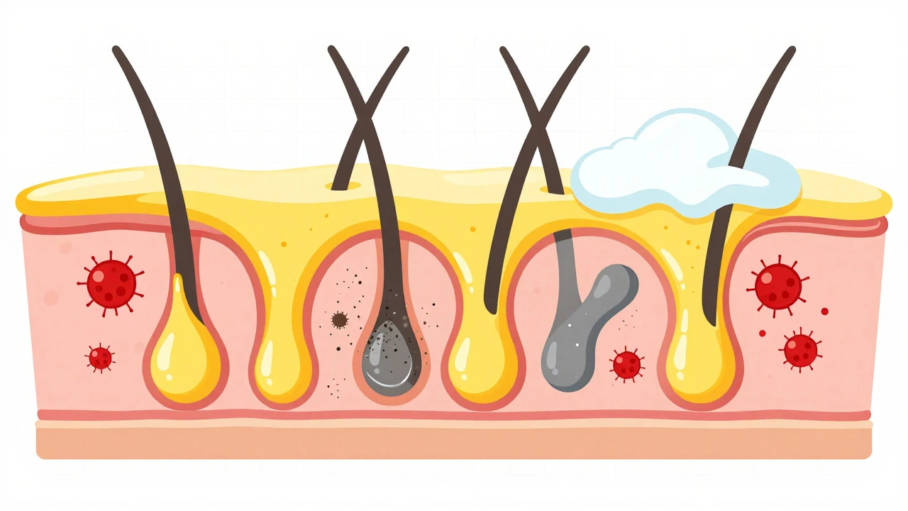 Diagram showing how shampoo removes oil and bacteria from dog skin
