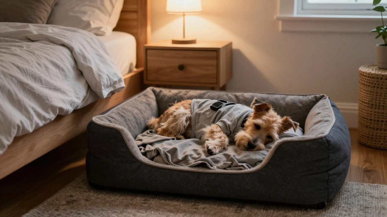 Dog sleeping peacefully on an owner's t-shirt in a dedicated dog bed