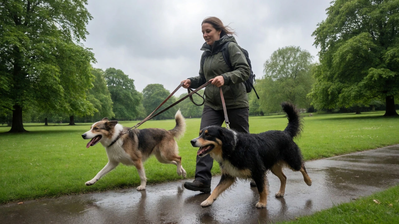 Dog walker in rain gear managing two dogs in a wet British park.