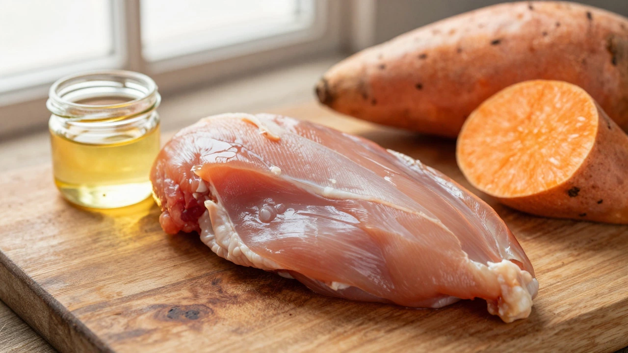 Fresh raw chicken, fish oil, and sweet potato on a wooden table