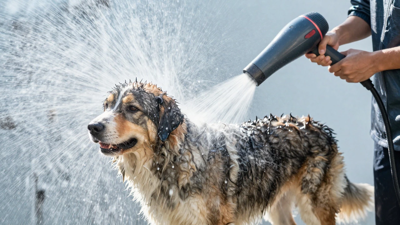 Groomer blasting water from a wet dog's coat with a high-speed dryer