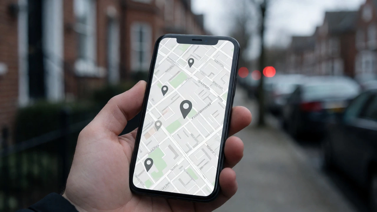 Hand holding a smartphone displaying a map app in an urban setting.