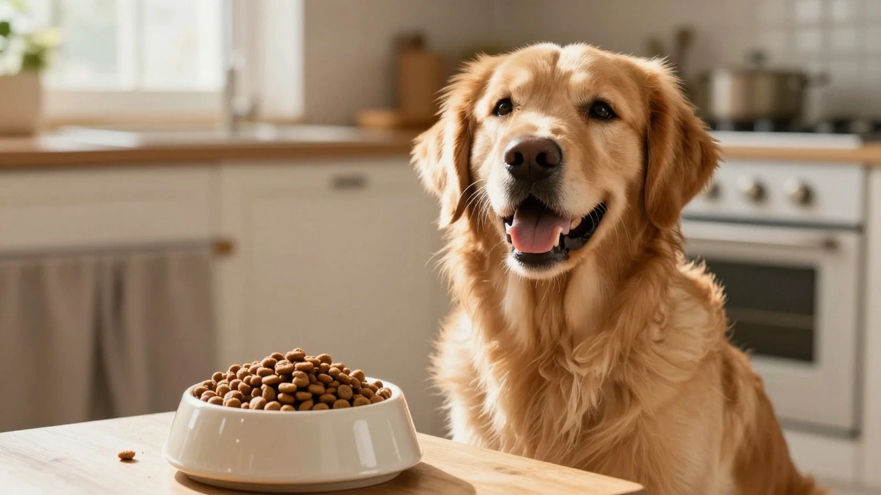 Happy Golden Retriever sitting by a food bowl in a sunny kitchen