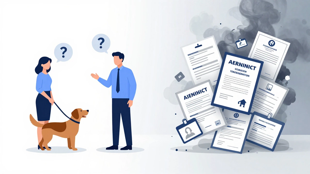 Illustration contrasting legal service dog rules with fake certificates