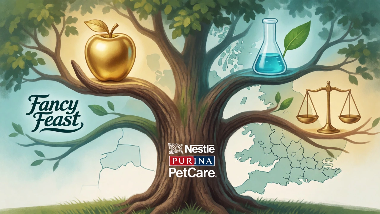 Illustration of the Purina brand family tree showing Fancy Feast, Pro Plan, and Friskies.