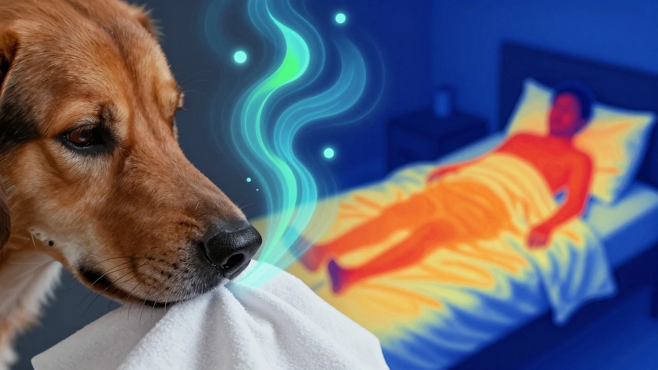Illustration showing dog scent detection and residual body heat on bedding