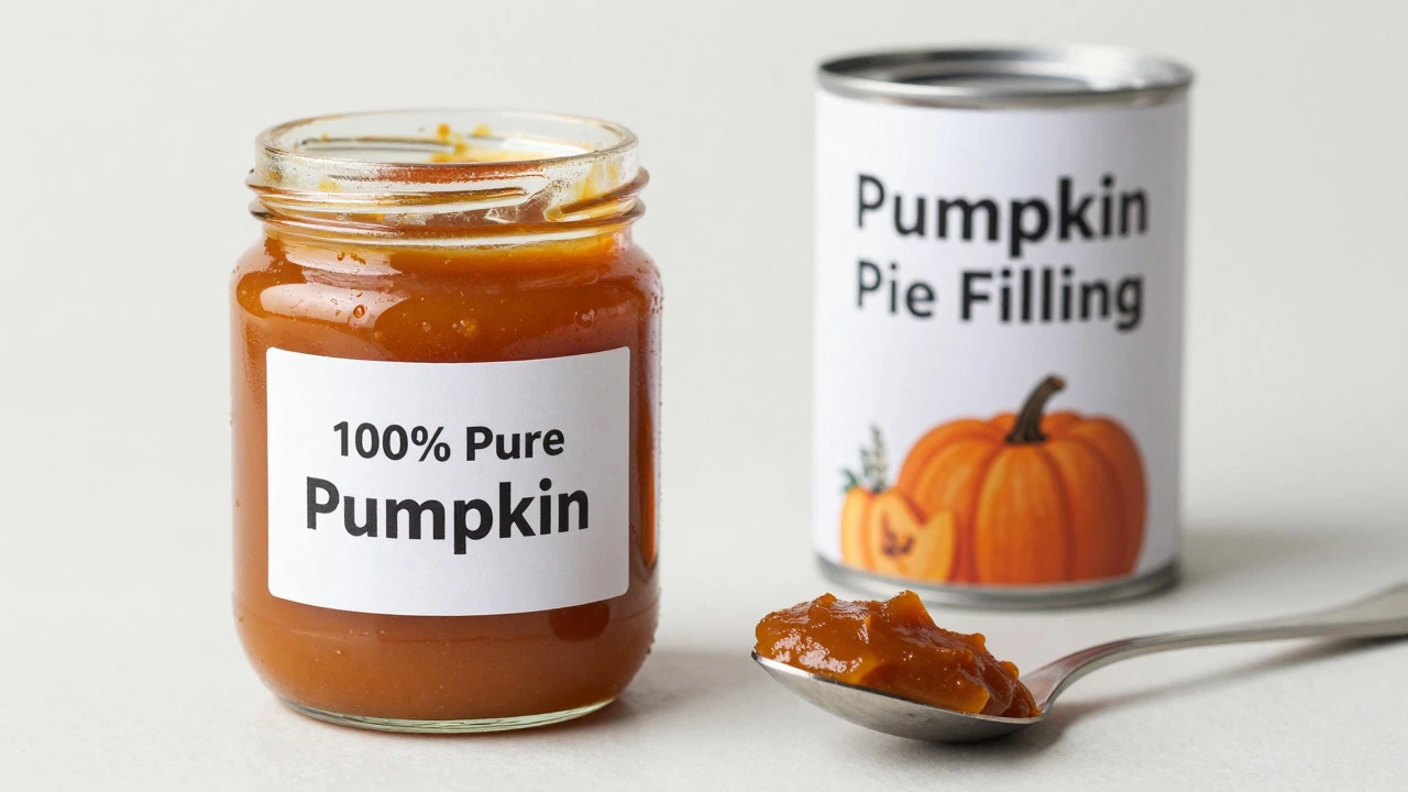 Jar of pure pumpkin puree next to pie filling can
