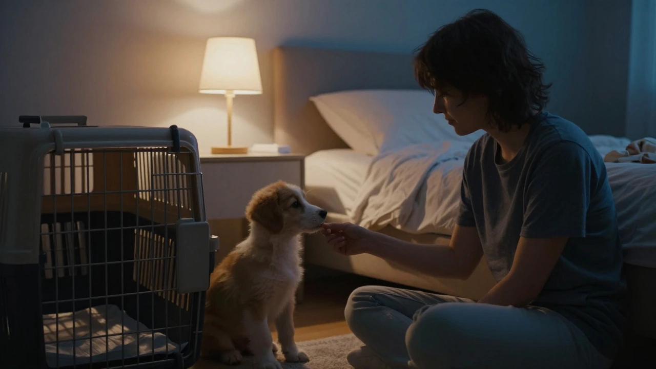 Owner calmly offering a treat to a puppy beside a crate in a dim bedroom