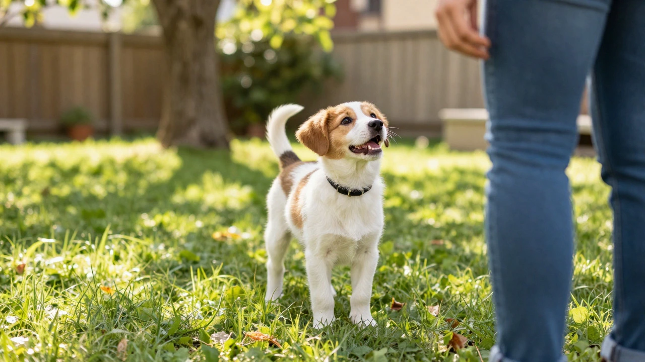 Playful puppy tilting head outdoors during name recognition training
