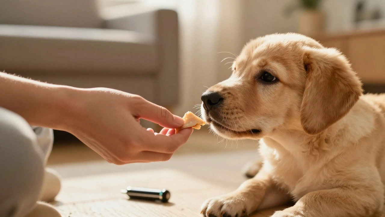 Puppy making eye contact while receiving a high-value treat reward
