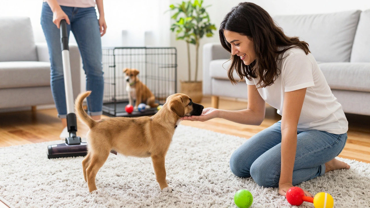 Puppy meeting family members and observing household items during socialization