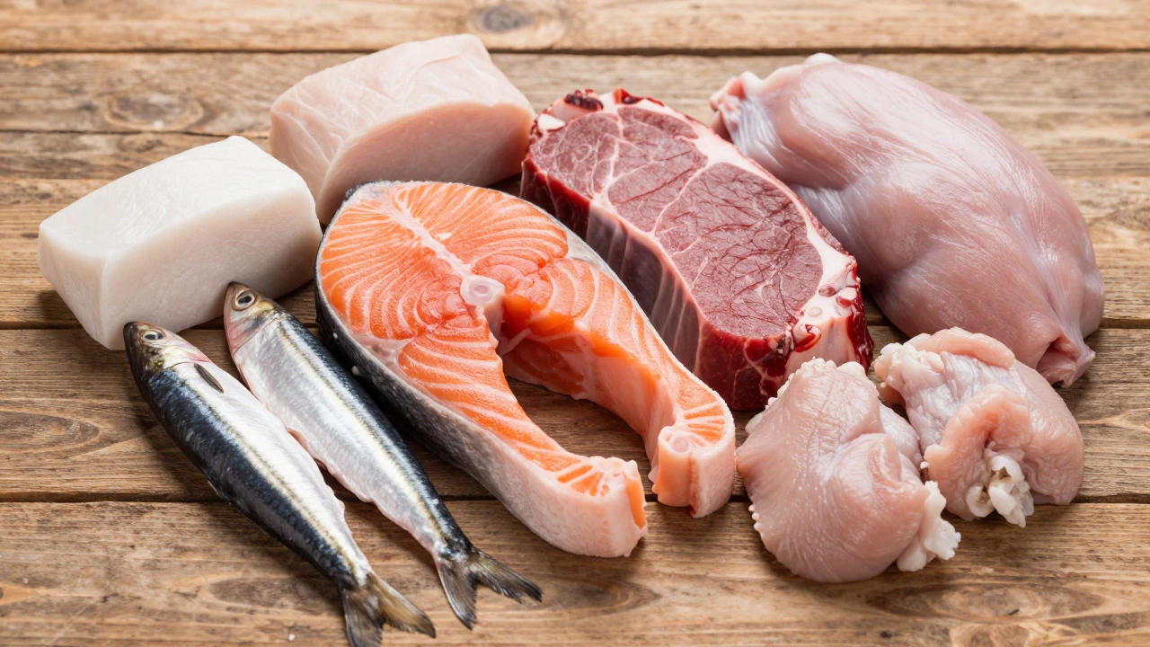 Raw salmon, venison, and rabbit meat arranged on a wooden table