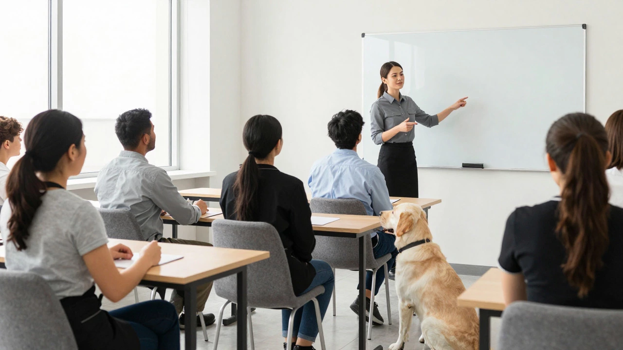 Restaurant staff attending a training session with a service dog
