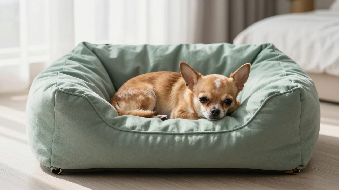 Small Chihuahua curled up securely in a medium-firm bolster bed