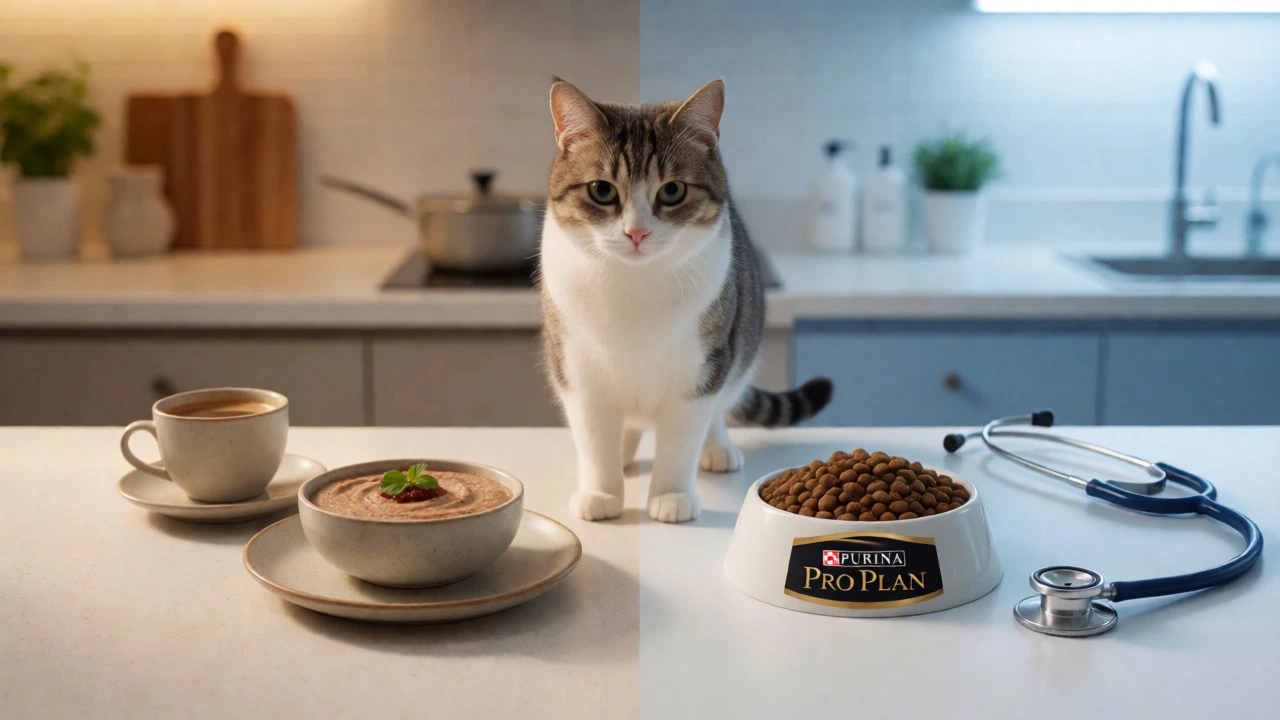 Split image contrasting gourmet Fancy Feast feeding with clinical Pro Plan nutrition.