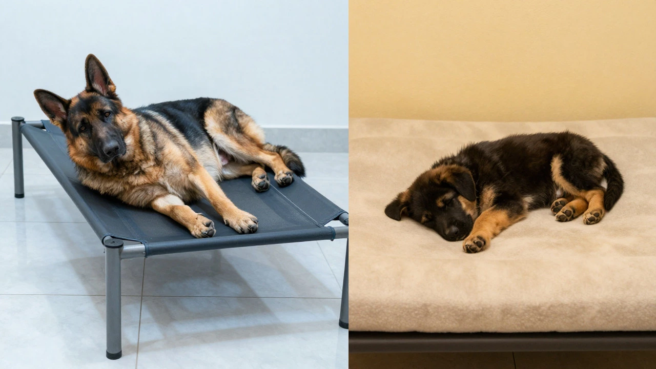 Split view of a dog on an elevated cot and a puppy on a foam bed