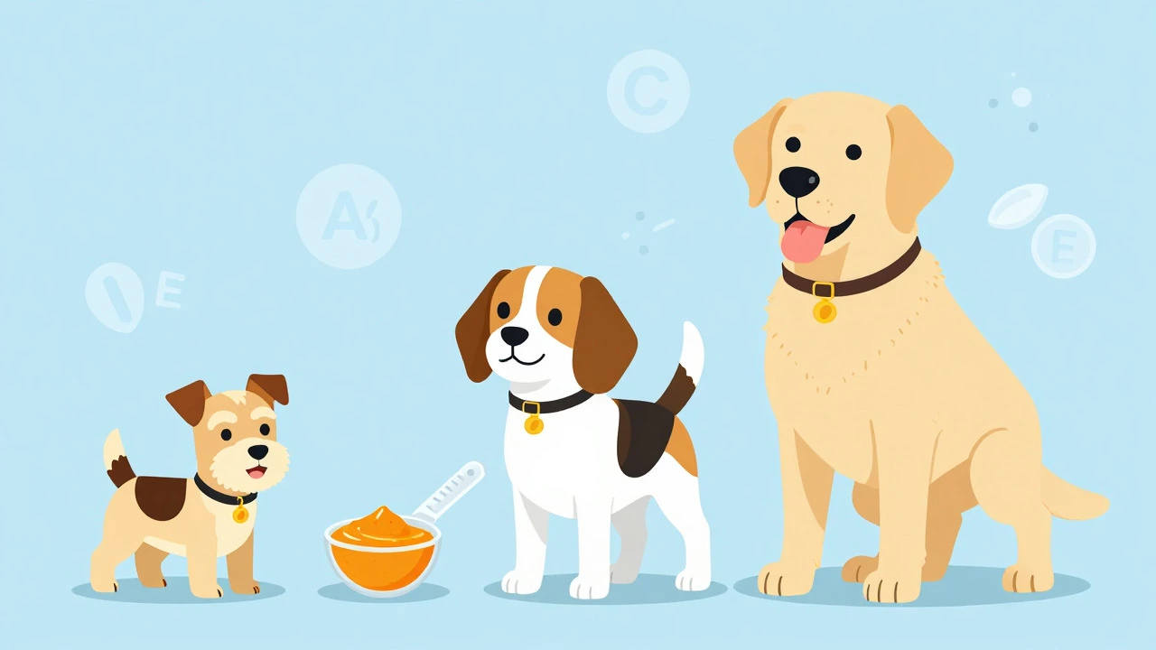 Three dogs of different sizes with pumpkin dosage spoons