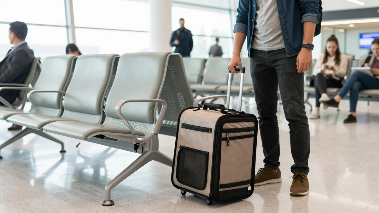Traveler testing a pet carrier under an airport seat row