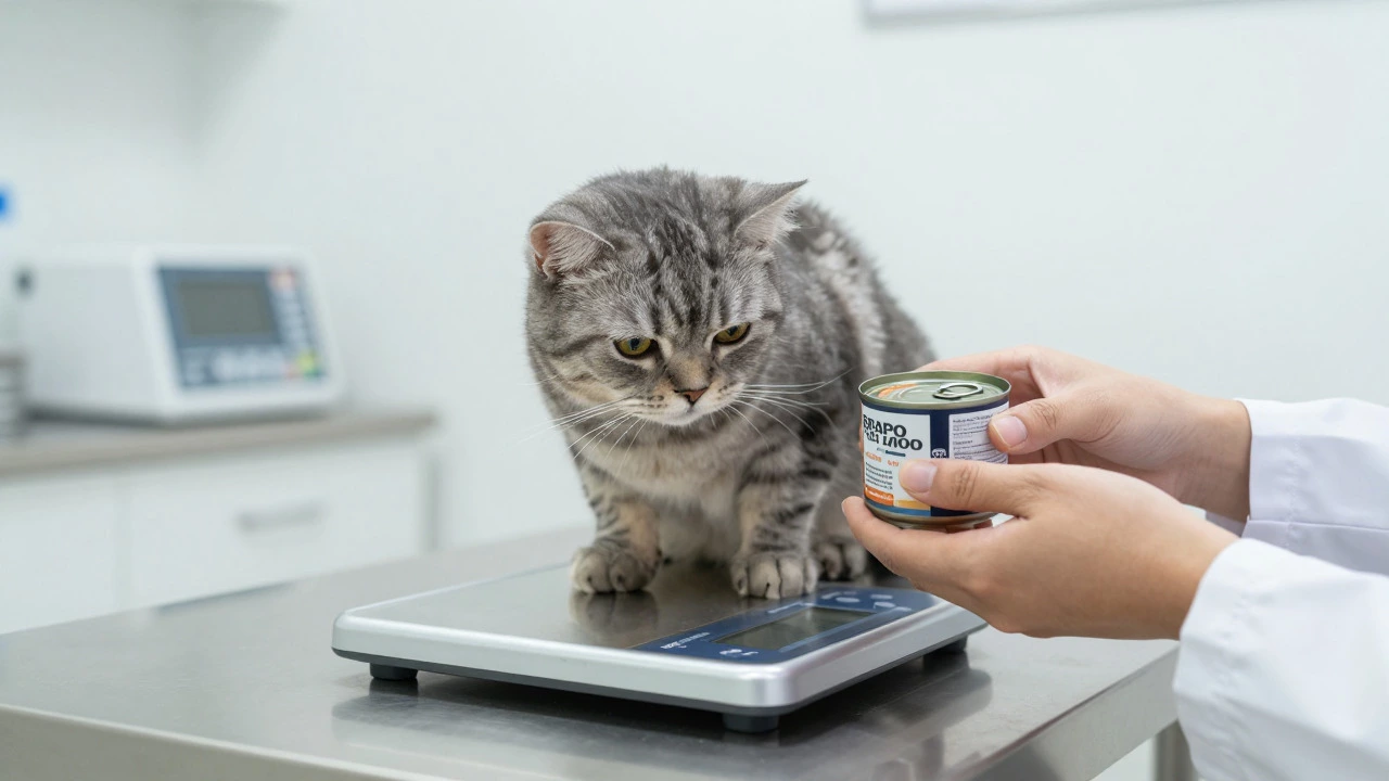 Veterinarian weighing a cat on a scale while holding a can of wet food