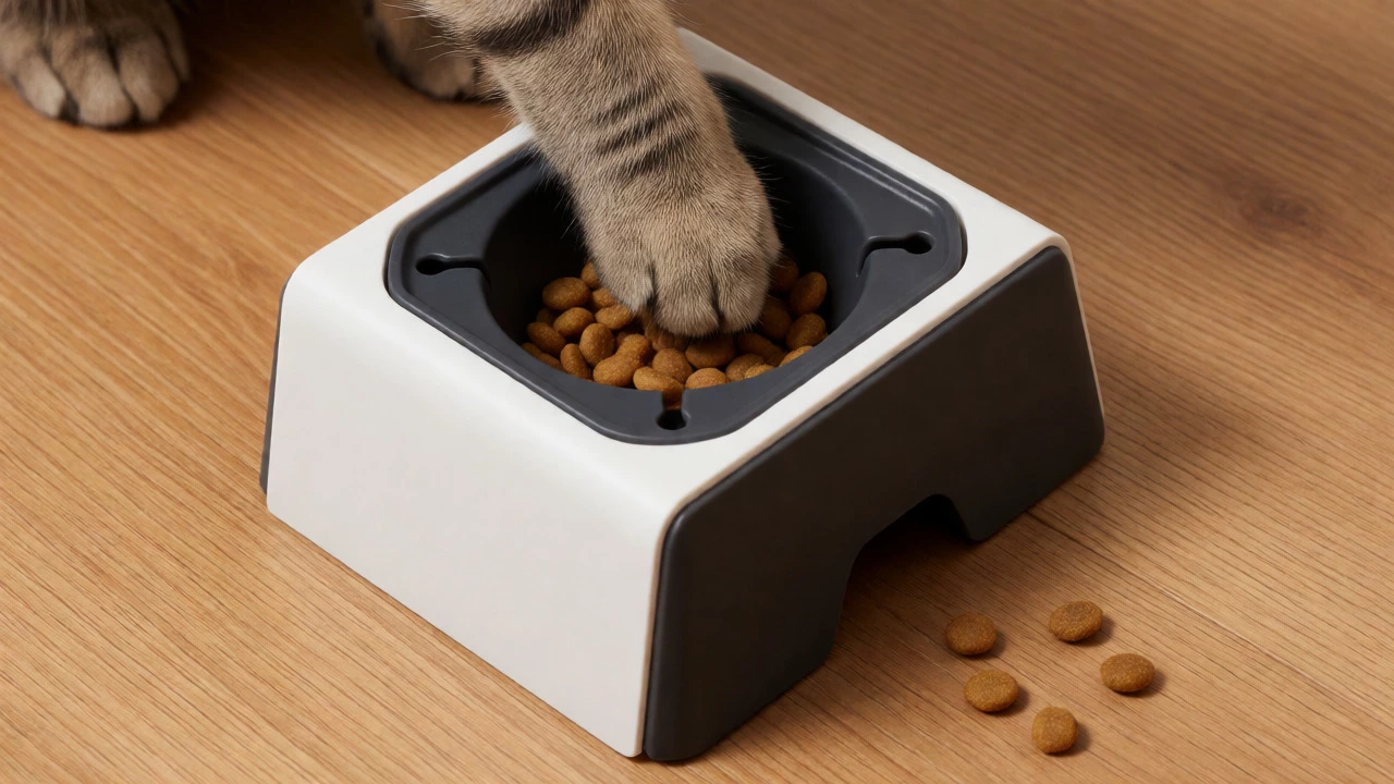 A cat's paw interacting with a puzzle feeder containing dry food.