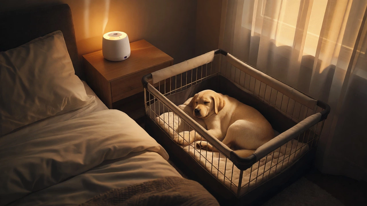 A puppy sleeping peacefully in a crate beside a bed with a white noise machine on the nightstand.
