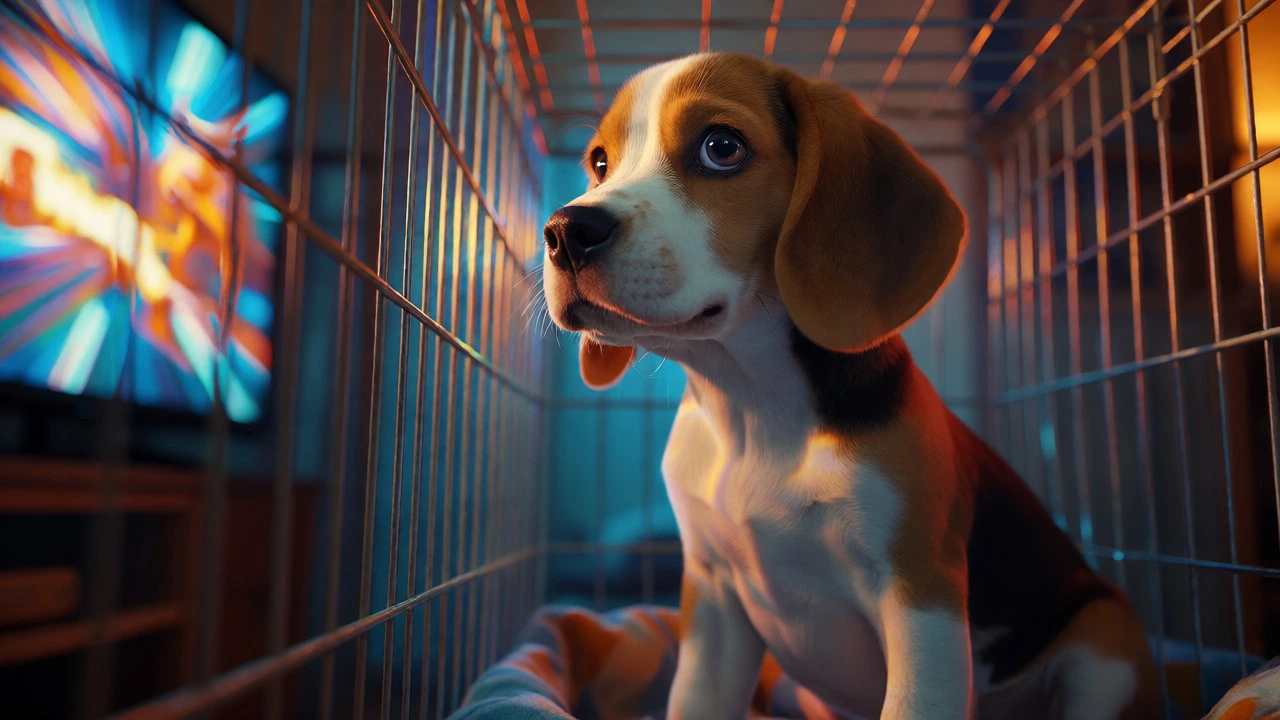 An alert puppy staring intently at a bright television screen, showing signs of visual overstimulation.