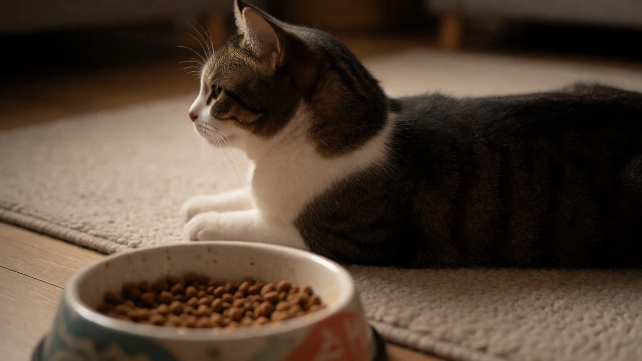 An overweight cat lying down near a bowl of leftover dry food.