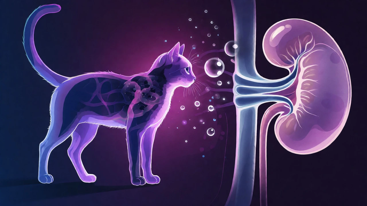 Artistic visualization of a cat's anatomy highlighting kidney health and hydration needs.
