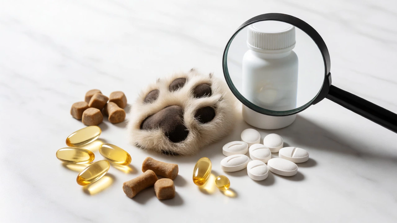 Assorted dog supplements arranged on marble with magnifying glass